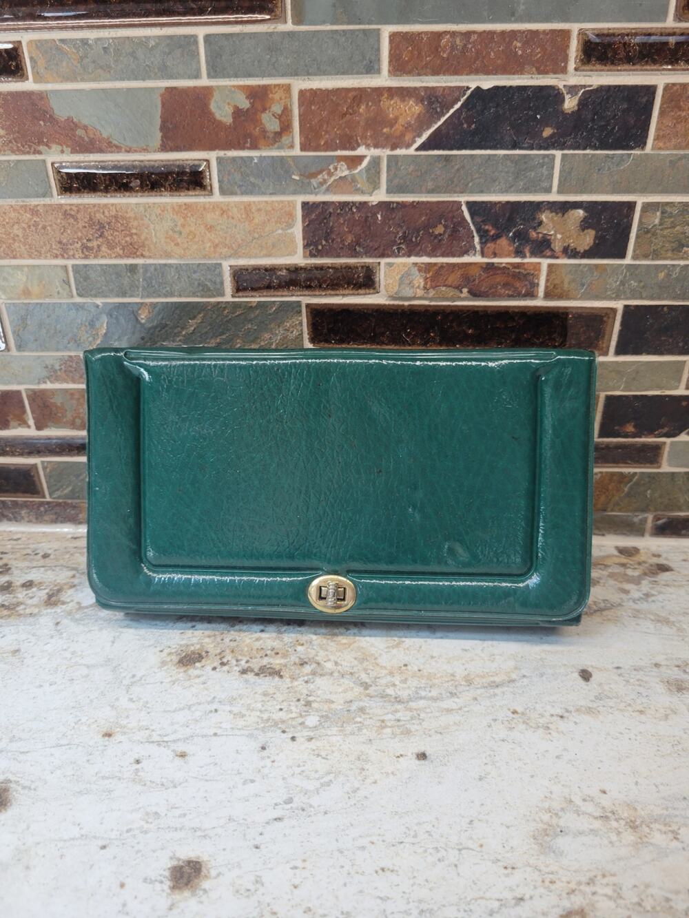 Vintage Celebrity Mid Century Green Faux Leather Clutch Makeup Case Mirror 60s